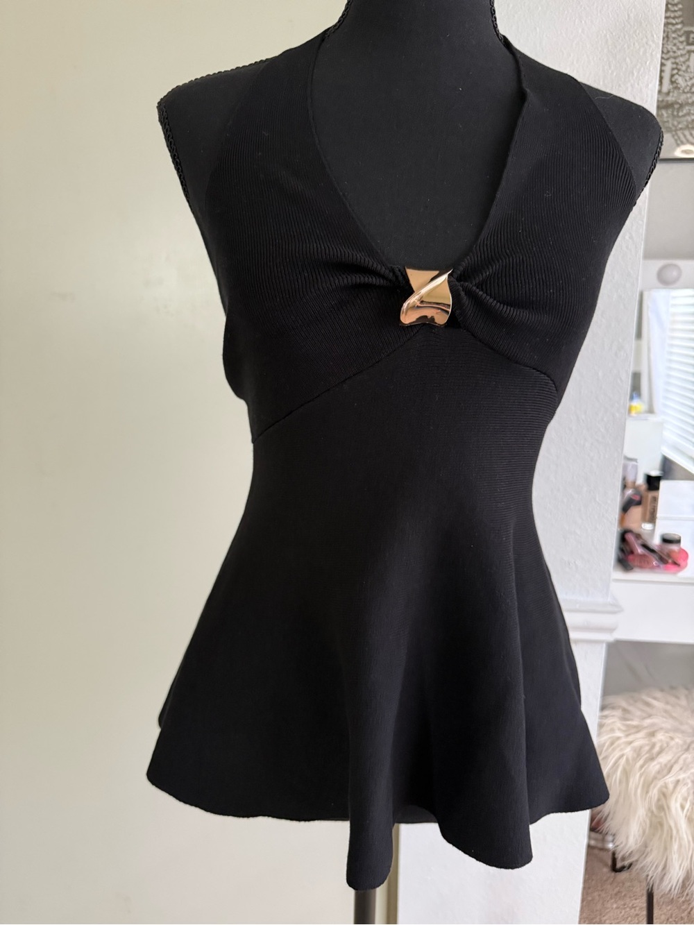 Black Halter Flare Tank Top with Gold Accent